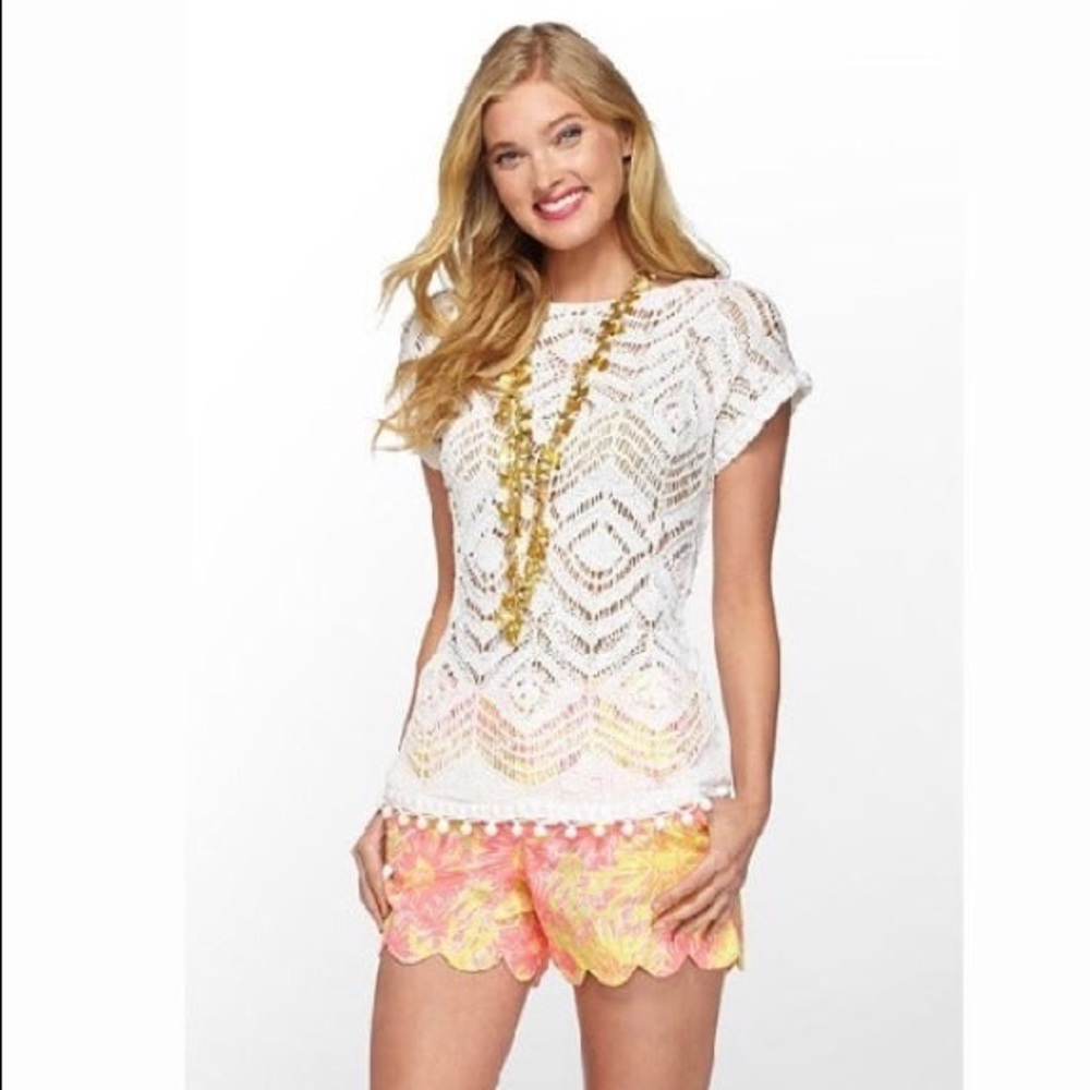 Lilly Pulitzer Crochet Kinley Sweater Top Pom-Poms S White